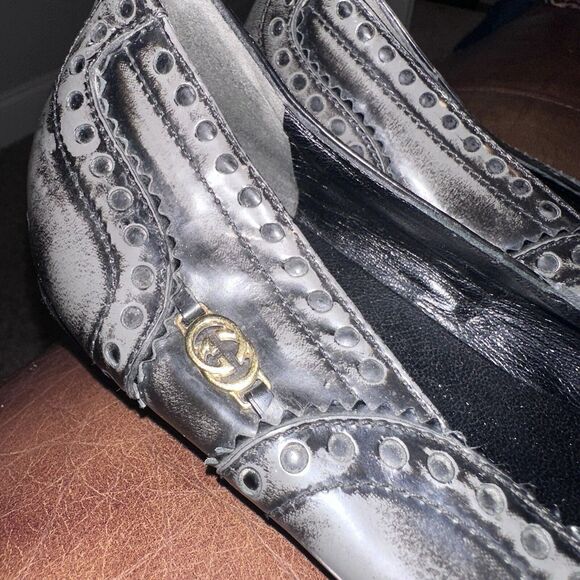Authentic Gucci Black/Grey Brogue Leather Ballet Flats Size 40 - Picture 12 of 14
